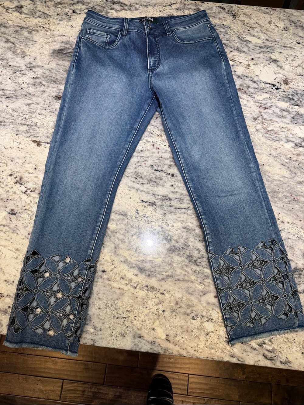 Like NEW Joseph Ribkoff Womens Blue Embellished Cut-out Hem Crop Jeans